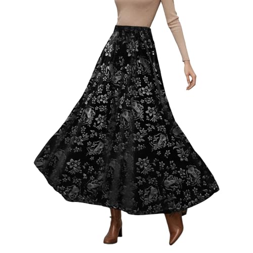 Generisch Elegante falda larga de terciopelo con estampado floral para invierno, con dobladillo acampanado, diseño de tela texturizada suave y lujosa, Negro , M