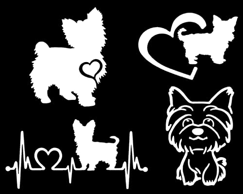 Yorkshire Terrier Decal 4 Pack: Yorkie Silhouette, Yorkie Heartbeat, Yorkie Heart, Detailed Yorkie Decals (Small ~3.5