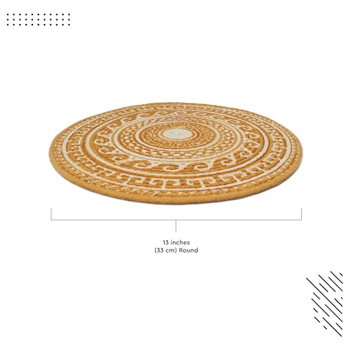 Image of Dining Table Mats Set of 6 | Cotton Table Mat 32 cm Diameter, Encasa XO Washable Round Table Mats, Heat Resistance Dining Table Placemats, Handmade Ribbed Style for Centre Table, Mustard Mandala Print
