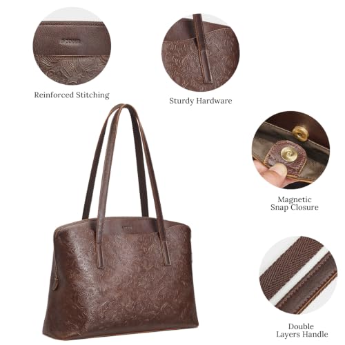 Image of S-ZONE Leather Tote Bag for Women Large Capacity Shoulder Handbags Purses | Full Grain Leather, Large Capacity, Fits 15.6-Inch Laptop, Work or Commute, Bottom Metal Feet