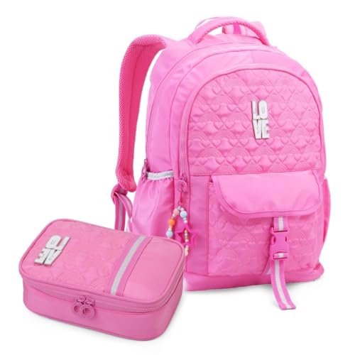 Kit Mochila Escolar Love Just Matelassê e Estojo Box Rosa Divisórias Colorido Aula Material