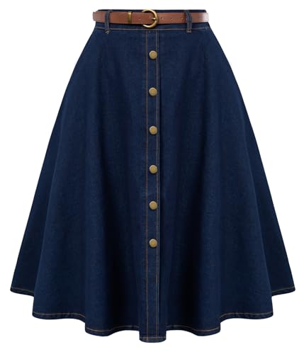 Belle Poque Women's Denim Skirts Vintage Below Knee Length High Waist A-Line Jean Skirts with Pockets