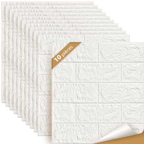 LeapBeast 10Pcs Papier Peint Mural 3D,Blanc Brique Papier Peint,Effet Pierre,Autocollant adhéSif...