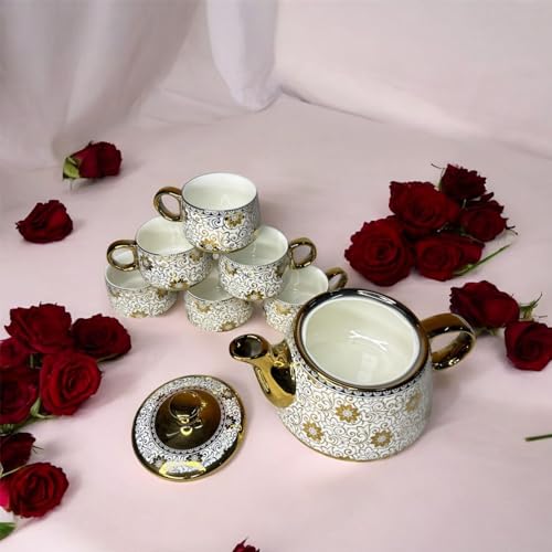 Image of DMRD Porcelain Tea Set with Kettle |Tea Cup Set 7Pc | Aesthetic and Classic Cups Set | Premium Crockery for Home & Gifting with Golden Color Geometric Pattern Design. (Vintage Gold)
