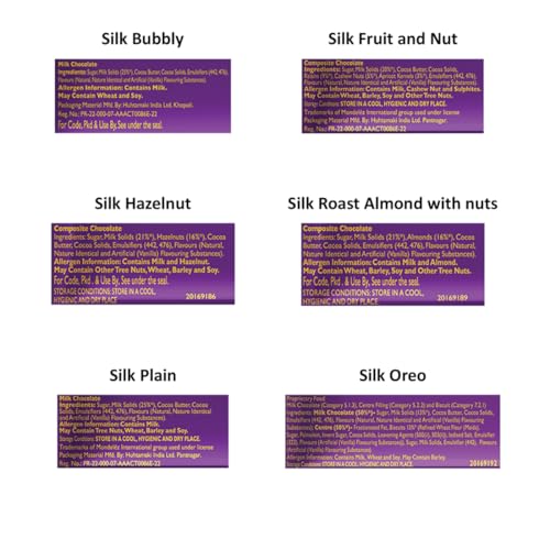 Cadbury Dairy Milk Silk Small Chocolates Combo (1xSilk Plain 60G,1xSilk Oreo 60G,1xSilk Bubbly 50G,1 x Silk Roast Almond with Whole Nuts 58 G,1 x Silk Fruit and Nut 55 G and 1 x Silk Hazelnut 58 G)