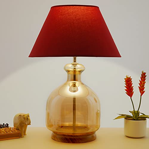 Image of Alper Mini Amber Luster Glass Table Lamp with Maroon Cotton Shade | Modern Designer Bedside & Living Room Decorative Table Light (Bulb Included)