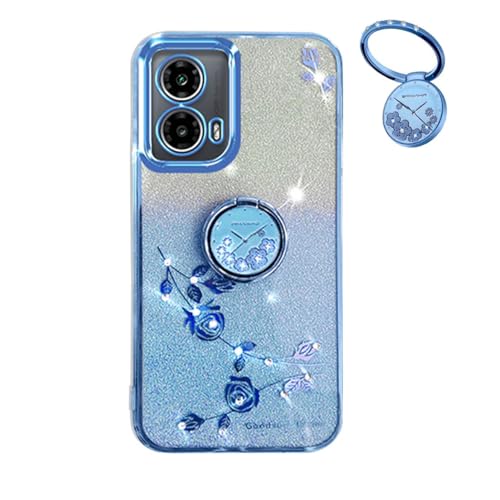 Cover Glitter per Motorola Moto E14 Moto G24 Moto G04 Trasparente Bling Brillantini Donna Custodia Ultra Sottile Molle Antiurto TPU Silicone Fiori Anello Supporto Case. Blu