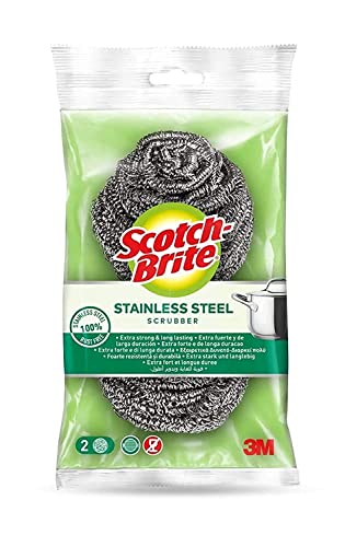 Scotch-Brite Stainless Steel Metal Spiral Scrub Sponge 2 pieces/pack (Poly pack) | Ideal for Cast Iron Pans | Powerful Scrubbing | Hard cleaning | Kitchen sponge | Scrub | Kitchen Garage Outdoor