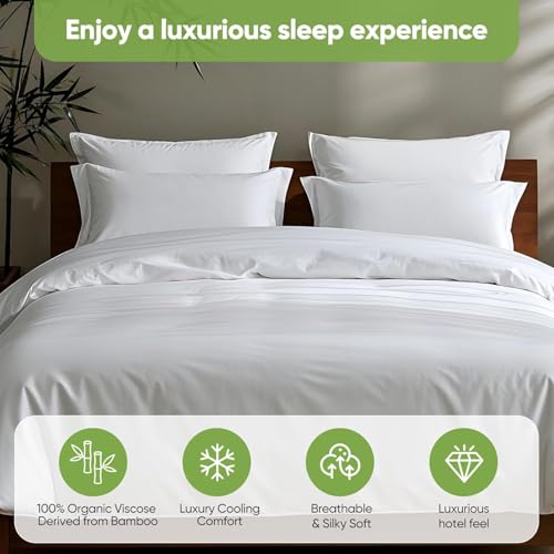 Image of TWK Luxury Sheet Set, Genuine 100% Organic Viscose Derived from Bamboo, Cooling & Breathable, Silky Soft, Bedding Sheets & Pillowcases (Chalk White, Queen)