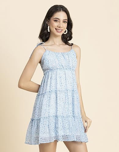 Image of Moomaya Women Printed Mini Dress, Strappy Shoulders Tiered Short Summer Dress