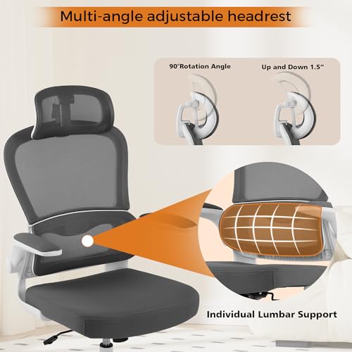 Ergonomic Office Chair, Breathable Mesh Home Office Desk Chairs with Wheels, Comfortable Executive Chair with Adaptive Lumbar Support, High Back Computer Gaming Chair with Armrests (Grey) - Image 4