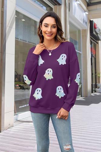 Halloween Sweatshirts Women Colorful Sequin Ghost Graphic Pullover Shirt - image 3