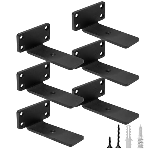 HITOMEN Heavy Duty Floating Shelf Brackets, 4-Inch (1/5'' Thick) Hidden Shelves Hardware, Iron L Brackets, Rustic Industrial Black Metal Wall Shelving Supports, 6 Pack