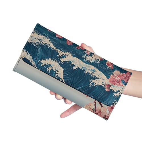 Image of AFPANQZ Leather Wallets for Women RFID Blocking Checkbook Wallet with Cit Card Slots, Retro Cherry Blossom Women's Leather Purse Large Capacity PU Purses with Zipper