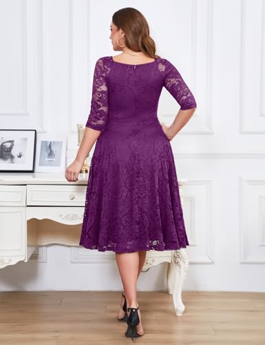 Image of Dressystar Womens Long-Sleeve Wedding Guest Dress A-Line Lace Formal Party Cocktail Midi Dress Prom Gown