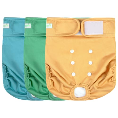 Image of wegreeco Washable Dog Diapers (3 Pack), Highly Absorbent Dog Diapers Female for Doggie Puppy in Heat, Period, Incontinence, or Excitable (Blue Green Yellow, Medium)