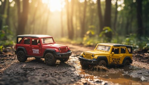 Image of Pull Back Thar Rock Jeep Toy Car for Kids | Metal Body SUV with Opening Doors, Lights & Sound | Off-Road Die-Cast Vehicle Toy for Boys & Girls