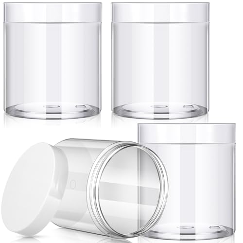 Image of Patelai 4 Pcs Plastic Jars Wide Mouth with Lids,16 Ounce,White | Travel Size for Creams Oils, Clear Round Storage Cosmetics Containers, Leak Proof Screw on Lids for Makeup Beauty DIY