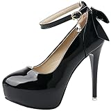 Meefit Women Stiletto Platform Pumps Patent Leather Ankle Strap Floral Print Pumps High Heels(Black,US8)