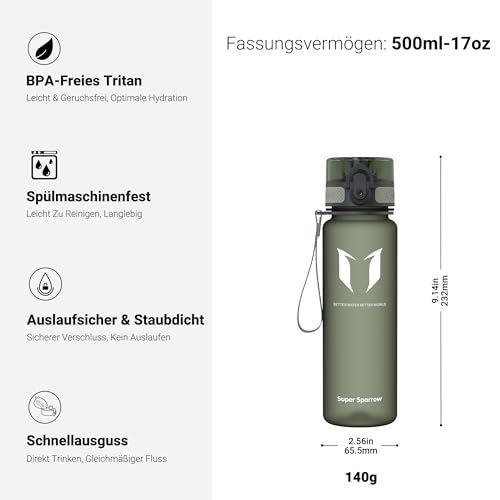 Super Sparrow Trinkflasche - Tritan Wasserflasche - 500ml - BPA-frei - Ideale Sportflasche - Sport, Wasser, Fahrrad, Fitness, Uni, Outdoor - Leicht, Nachhaltig