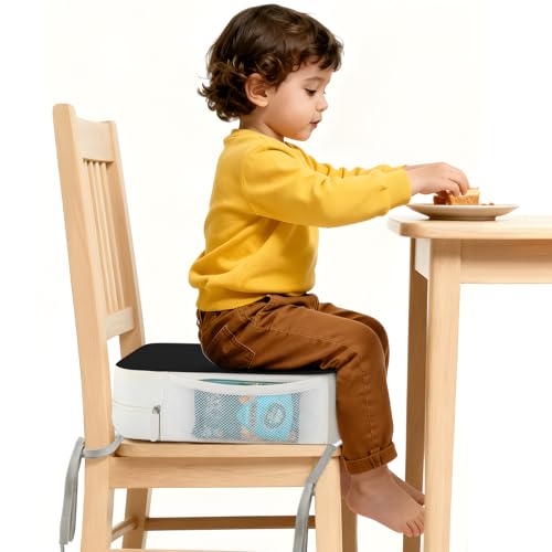Image of Booster Seat for Kitchen Chair, 3.8 inch Toddler Booster Seats for Dining Table with Ties, PU Dining Booster Seat with Side Pockets, Non-Slip & Removable Booster Seat for Table Increasing Cushion (Black)