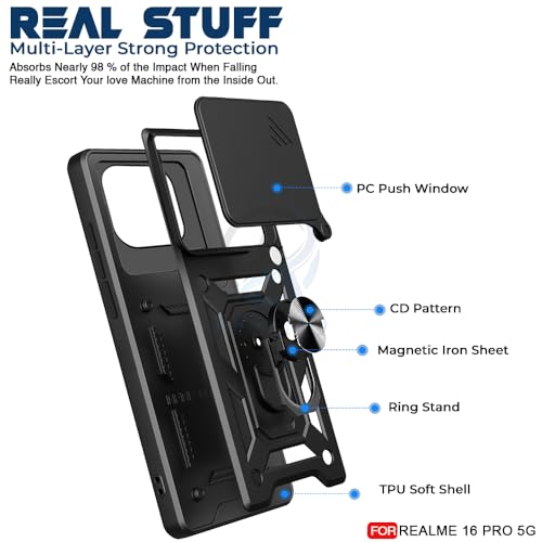 Image of AESTMO Tough Armor Realme 16 Pro 5G Bumper Back Case Cover | Ring Holder & Sliding Camera Shield Cover | 360 Degree Protection Back Case Cover for Realme 16 Pro 5G (Black)