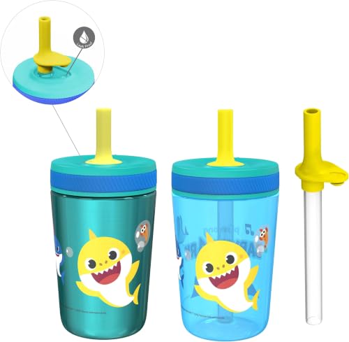 Image of Zak Designs Baby Shark Kelso Tumbler Set, Leak-Proof Screw-On Lid with Straw, Bundle for Kids Includes Plastic and Stainless Steel Cups with Bonus Sipper (3pc Set, Non-BPA) (Pack of 12)