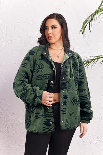 IN'VOLAND Plus Size Womens Fleece Jacket Western Aztec Print Long Sleeve Snap Button Down Shacket with Pockets2