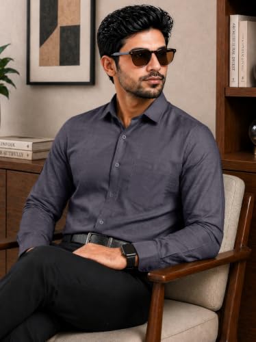 Image of Pinkmint Mens Cotton Regular Fit Long Sleeve Button Down Shirt for Men Collared Casual Formal Soild Shirt
