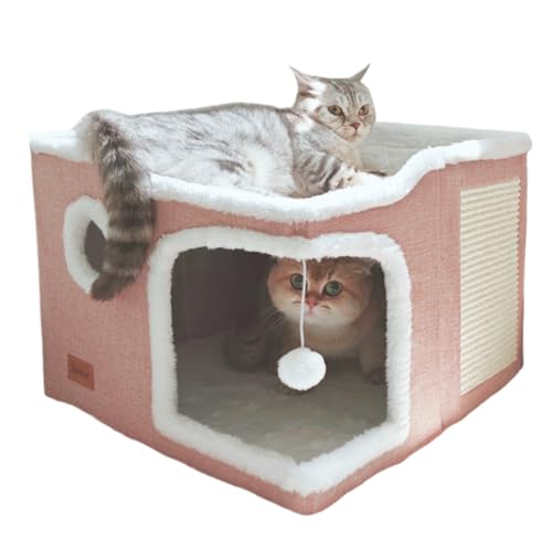 Spindro Grande Cuccia per Gatti da Interni, Pieghevole Con Tappetino per Graffi, Graziosa Casetta Con Tappetino Morbido, 43,2 x 43,2 x 33 cm, Rosa