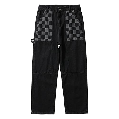 Maiyifu-GJ Jeans for Men Patchwork Checkered Straight Hip Hop Relaxed Fit Denim Pants Baggy Casual Streetwear Jean Trousers (Black,XX-Large)