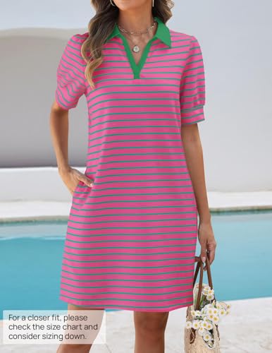 ZESICA Women's Summer Casual Striped Mini Dresses 2025 Lapel V Neck Short Sleeve Flowy A Line T Shirt Dress3