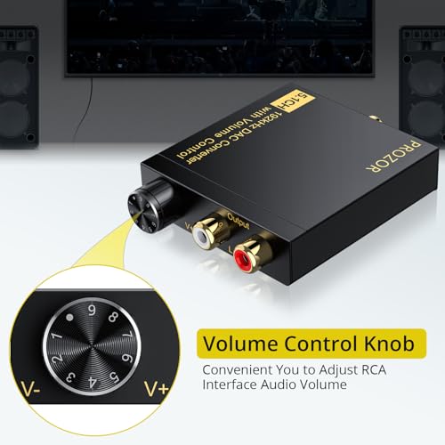 PROZOR DAC Converter 5.1CH 192Khz - Coaxial Optical to RCA Converter Support Volume Control Dolby-AC3 Digital to Analog Audio Converter with 1m/3.2ft Optical Cable for HDTV DVD Game Console Blu-ray