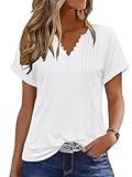 Soesdemo Womens Tshirts Short Sleeve Pleated Button Down V Neck Casual Loose Fit Top Business Work Blouses Shirts White XL