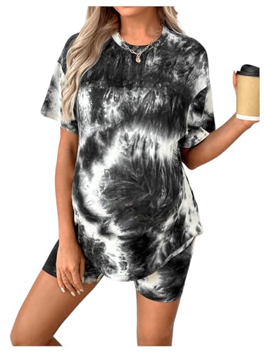 Image of MakeMeChic Women's Maternity 2 Piece Outfit Tie Dye Pajamas Set Short Sleeve Tee Shirt and Biker Shorts Pregnancy Lounge Set