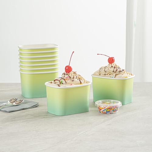 Image of Restaurantware Paper Cups 50 Count 12 Ounce Square Disposable Ice Cream Containers, Leak-Resistant Paper Dessert To Go Cups, Hot And Cold Food, Durable Teal And Green Ombre Design