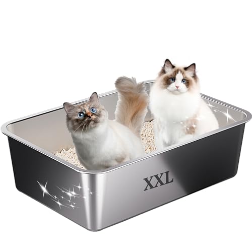 Suhaco Lettiera per gatti in acciaio inox, con lati alti, grande, 60 x 40 x 20 cm, facile da pulire, antiaderente, anti-perdite, in metallo