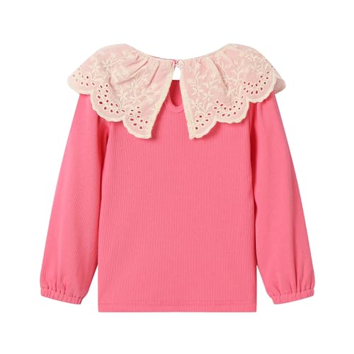 Image of LittleSpring Girls Ribbed Knit Long Sleeve Tshirt with Lace Ruffle Collar