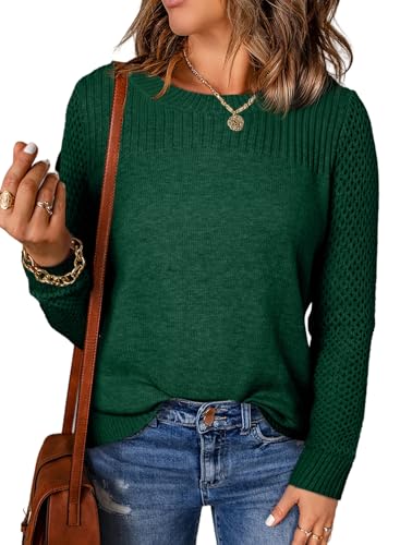 EVALESS Womens Sweaters Casual Long Sleeve Crewneck Cable Knit Lightweight Oversized Crochet Sweater Pullover Tops Blackish Green X-Large