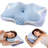 Cervical Pillow for Neck Pain Relief, Cooling Ergonomic Memory Foam Pillows for Sleeping with Luxury Anti-pilling Pillowcase, Contour Orthopedic Neck Support Pillow for Side Back Stomach Sleepers-Blue