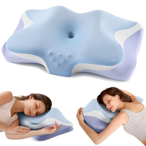 Cervical Pillow for Neck Pain Relief, Cooling Ergonomic Memory Foam Pillows for Sleeping with Luxury Anti-pilling Pillowcase, Contour Orthopedic Neck Support Pillow for Side Back Stomach Sleepers-Blue