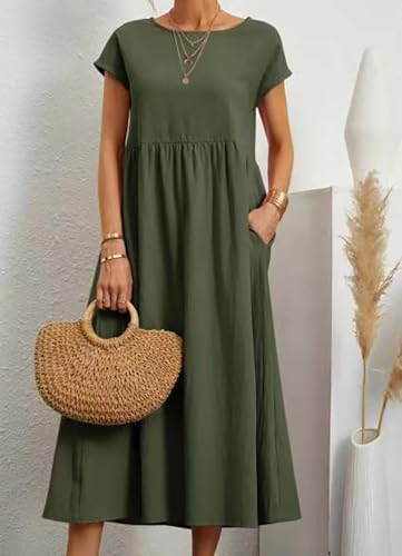 Image of BIRW Cotton Linen Dresses for Women 2025 Summer Casual A Line Flowy Dress Beach Vacation Midi Gauze Dress with Pockets