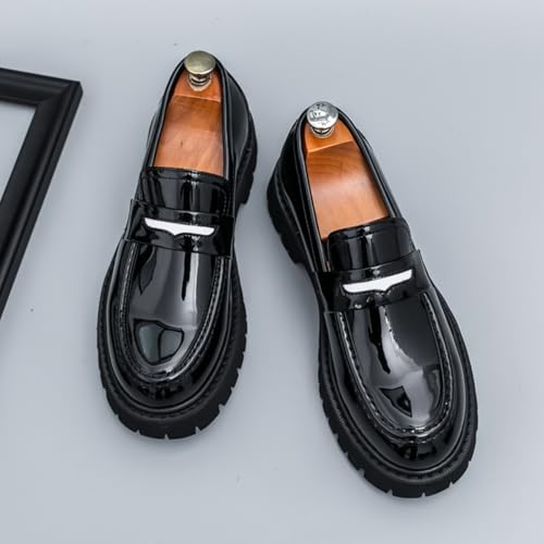 Mens Fashion Patent Leather Platform Slip-On Dress Penny Loafers Round Toe Chunky Heels Non-Slip Casual Shoes for Formal Business Wedding Prom 7