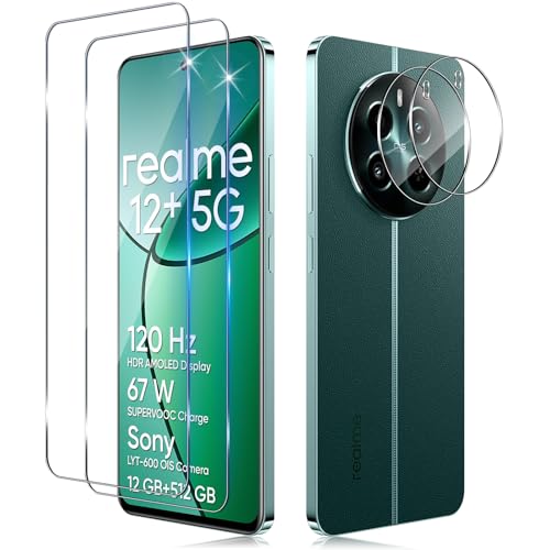 Funrae 2 Piezas Protector de Pantalla para Realme 12+ 5G/Realme 12 Plus 5G/Realme 12 4G con 2 Piezas Protector de Lente de Cámara, 0.33MM HD 9H Ultra Resistente Cristal Templado Vidrio Templado