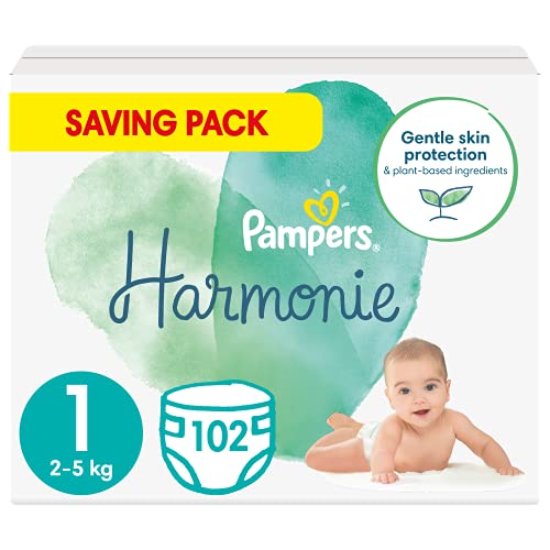 Pampers Harmonie Baby Pañales Newborn, tamaño 1, 102 unidades, HalBMONATSBOX, con algodón premium y materiales vegetales (2-5 kg)