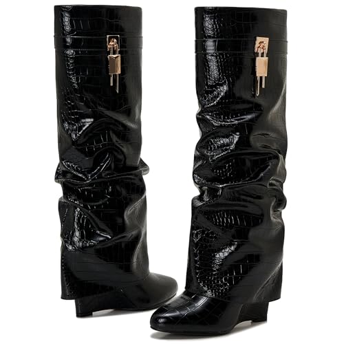 Image of Fold Over Knee High Boots for Women Pointy Pull-on Wedge Heel Knee Shark Boot With Side Zipper Covered Wedge Heel Padlock Boot
