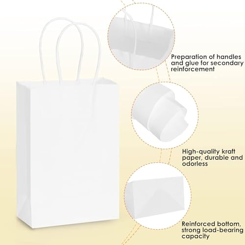 Image of Aakriti Kraft Paper Gift Bags With Handles - White Small Retail, Shopping, Birthday, Wedding Party Favor, Merchandise Bags | Size: 7x3.5x8.5 Inch (Pack of 100)
