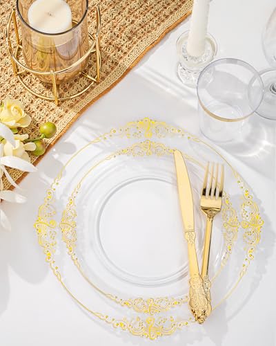 Nervure 175PCS Clear Gold Plastic Plates - Gold Disposable Dinnerware Set for 25 Guests Include 50 Disposable Plates, 75 Plastic Silverware, 25 Cups, 25 Napkins for Wedding & Party & Thanksgiving