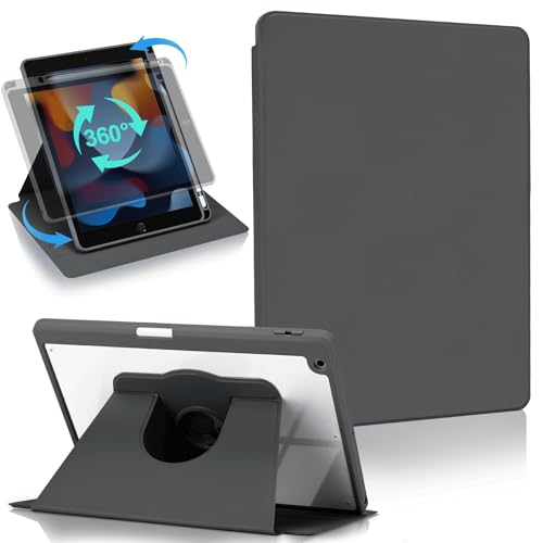 Koze Funda Giratoria para iPad 10.2 Pulgadas 9na 8va 7ma Generación con Soporte para Lápiz y Base Acrílica Antigolpes Funda Protectora Transparente Gris Espacial