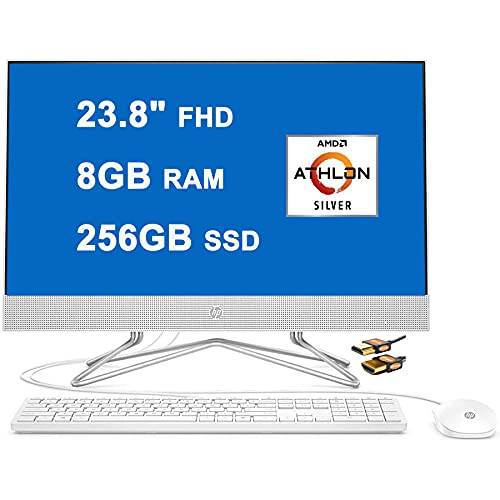 HP 24 All-in-One Desktop Computer 23.8" FHD WLED Anti-Glare Display AMD Athlon Silver 3050U Processor 8GB RAM 256GB SSD Pop-Up Webcam DVD-Writer HDMI Win 10 + HDMI Cable